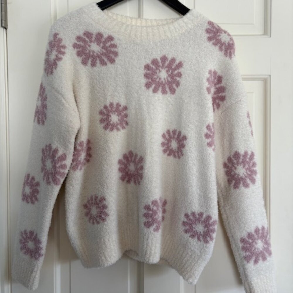 Altar’d State Fuzzy Sweater Cream with Pink Daisy Print